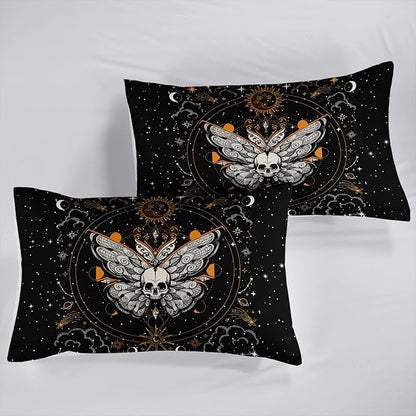 HOSIMA Butterfly Bedding Set for Girls， Gothic Skull Boho Comforter Cover Decor for Bedroom, Sun and Moon Pattern Duvet Cover Twin Size.(No Comforter)