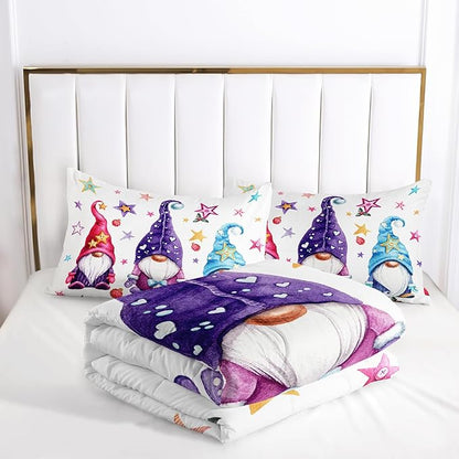Christmas Kawaii Gnome Bedding Set for Kids Boys Girls, Rainbow Stars Pattern Xmas Santa Dwarf Comforter Set Twin Size, Colorful Quilt for Christmas Decorations