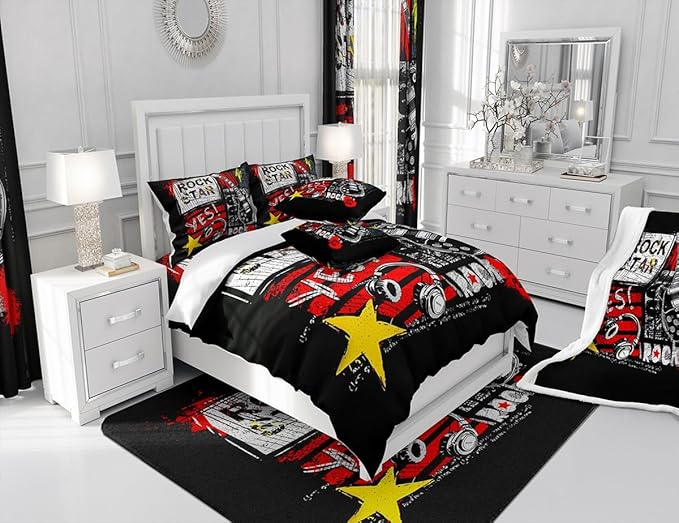Guitar Comforter Set Twin Size Rock Music Quilt Set Graffiti Headset Bedding Set 2pcs Rock Roll Theme Duvet Insert Boys Girls Teens Kids Fashion Bedroom Collections,Black Red