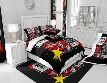 Guitar Comforter Set Twin Size Rock Music Quilt Set Graffiti Headset Bedding Set 2pcs Rock Roll Theme Duvet Insert Boys Girls Teens Kids Fashion Bedroom Collections,Black Red