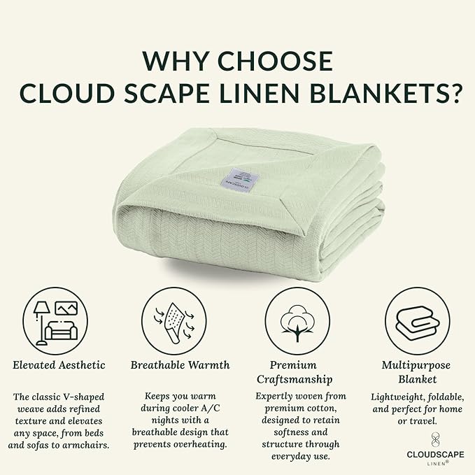 Cloud Scape Linen Herringbone Cotton Throw Blanket for Couch, Bed,Sofa, Home Decor, Soft, Heavy, All-Season, Winter Bed Blanket, Best Gift for Christmas, 50 x 70, Seafoam
