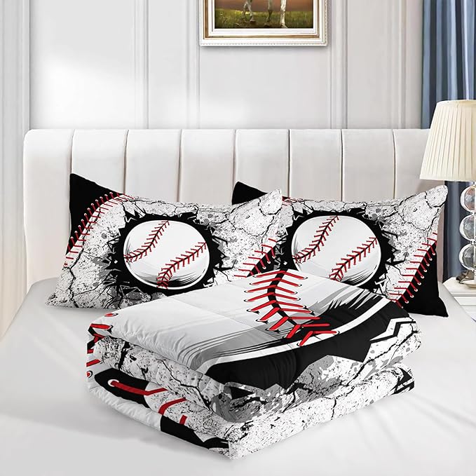 Baseball Comforter Sports Bedding Sets for Boys,Sports Gamer Bedding Set for Kids Girls Boys Room Decor,Black White Baseball Printed King Bed Comforter Set with 2 Pillowcases.