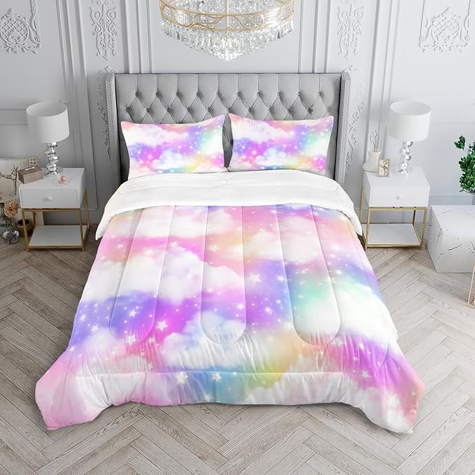 Rainbow Cloud Sky Kids Bedding Set Glitter Golden Stars Comforter 3Pcs Queen Tie Dye Art Quilt Set for Kids Teens Girls Boys Bed Set with 1 Comforter and 2 Pillowcases