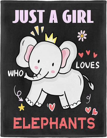 Elephant Lover Blanket, Just A Girl Who Loves Elephants Blanket, Soft Warm Cozy Fleece Throw, Gifts for Girls Women Kids, 40"x50", Black