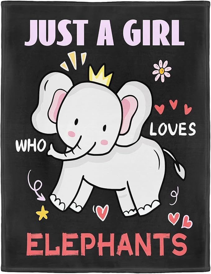 Elephant Lover Blanket, Just A Girl Who Loves Elephants Blanket, Soft Warm Cozy Fleece Throw, Gifts for Girls Women Kids, 60"x80", Black