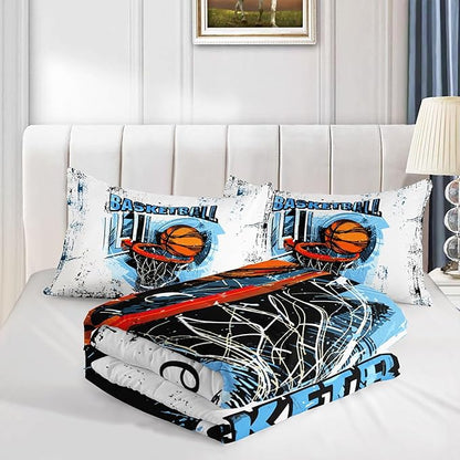 Basketball Comforter Set Ball Sports Cartoon Printed Bedding Set with 1 Comforter and 2 Pillowcases for Boys and Girls Bedroom All Season(Basketball-3 Twin)