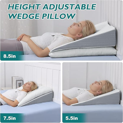 TANYOO Bed Wedge Pillow for Sleep Apnea 7.5Inch Gerd Pillow Patent Dual Layer Triangle Pillow Adjustable Shredded Memory Foam Topper Soft Support Ideal for Acid Reflux, After Surgery, Snoring