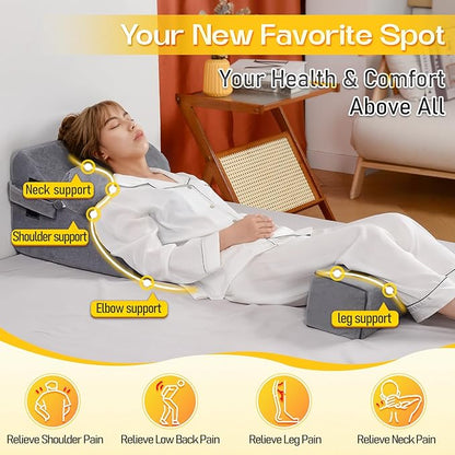 MOON PINE Reading Pillow for Adults, Memory Foam Backrest with Detachable Arms - Bed Pillow for Sitting Up, Built-in Cup Holder & Phone Pocket (Gray, 21 inch)