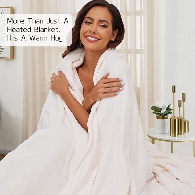 Electric Heated Blanket 90"x100" King Size, Soft Coral Fleece, Dual Controllers with 4 Heating Levels and 10 Hours Auto-Off, Machine Washable, Cozy Plush Fabric for Home, White