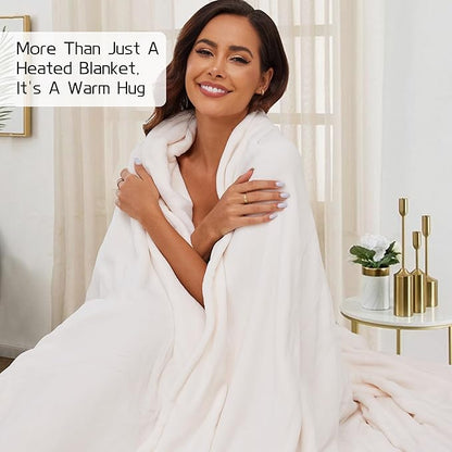Electric Heated Blanket 90"x100" King Size, Soft Coral Fleece, Dual Controllers with 4 Heating Levels and 10 Hours Auto-Off, Machine Washable, Cozy Plush Fabric for Home, White