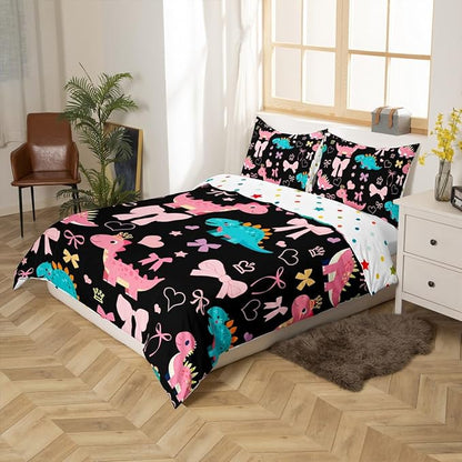 Cute Dino Duvet Cover Queen Size,Kawaii Bowknot Heart Princess Style Polyester Reversible Bedding Set (Not Comforter),Pink Black Dinosaur Cartoon Animal Comforter Cover for Bedroom, Zipper, Ties