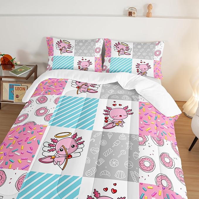 Pink Comforter Full Size,Cute Cartoon Axolotl Bedding Set Donut Dessert Pattern Comforter Set for Children Teens Girls Bedroom Decor Aesthetic,Lovely Style Comforter Set with 2 Pillowcases.