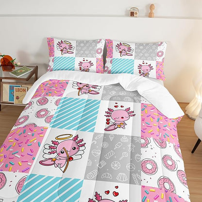 Pink Comforter Full Size,Cute Cartoon Axolotl Bedding Set Donut Dessert Pattern Comforter Set for Children Teens Girls Bedroom Decor Aesthetic,Lovely Style Comforter Set with 2 Pillowcases.