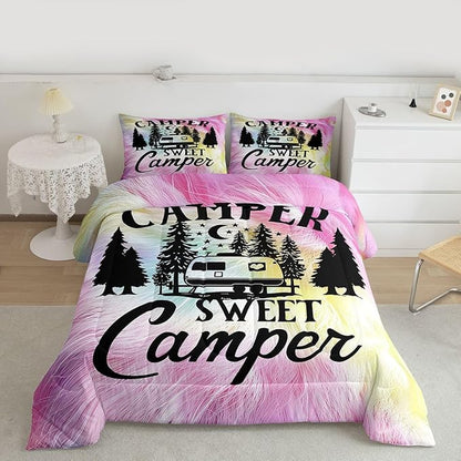 Feelyou Camper Comforter Set Kids Farmhouse Happy Camping Bedding Set Full Women Men Pink Cow Fur Print Decor Comforter Soft Rustic Camper Van Quilt Boys