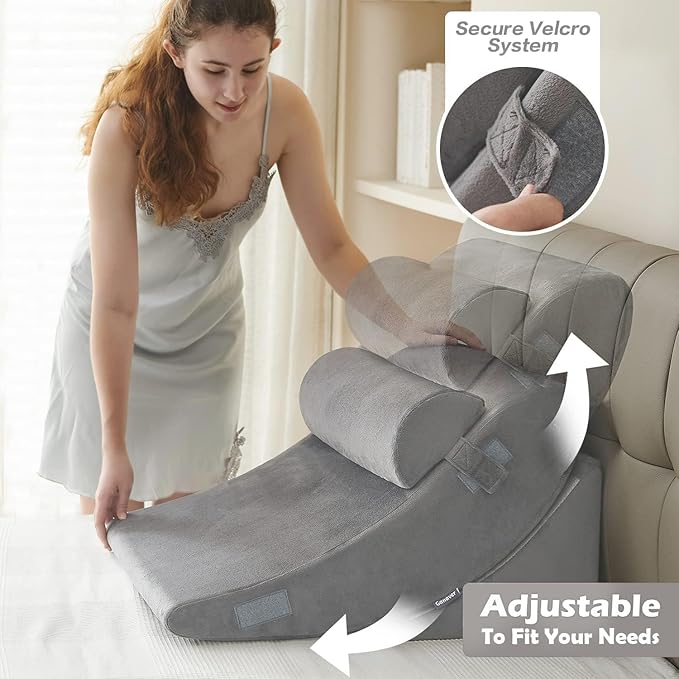 4Pcs Wedge Pillow for Sleeping, Orthopedic Bed Wedge Pillows for After Surgery, Foam Triangle Sit Up Pillow Wedge for Back, Neck, Shoulder Support, Leg Elevation, Acid Reflux, Gerd, Snoring Light Grey