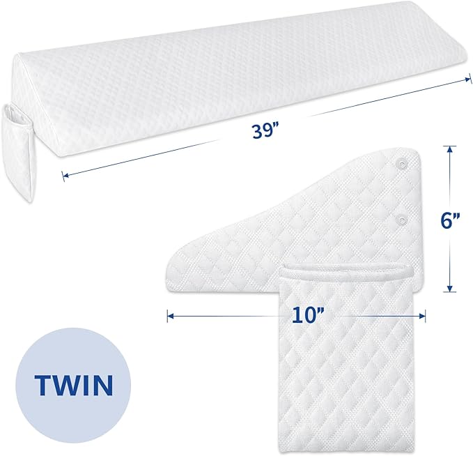 Kayfia Twin Size Bed Wedge Pillow for Headboard Bed Gap Filler with Pocket Close Gap (0-8") Prevent Pillow Loss Triangle Foam Mattress Filler for Gap Between Wall and Mattress (White, 39"x10"x6")
