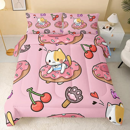 QOOMO Kawaii Cat Comforter Full Size,Doughnut Cherry Cat Comforter Set for Kids Teens Girls,3Pcs Bedding Set Printed Comforter with 2 Pillowcases,Soft and Lightweight(Pink，Full Size)