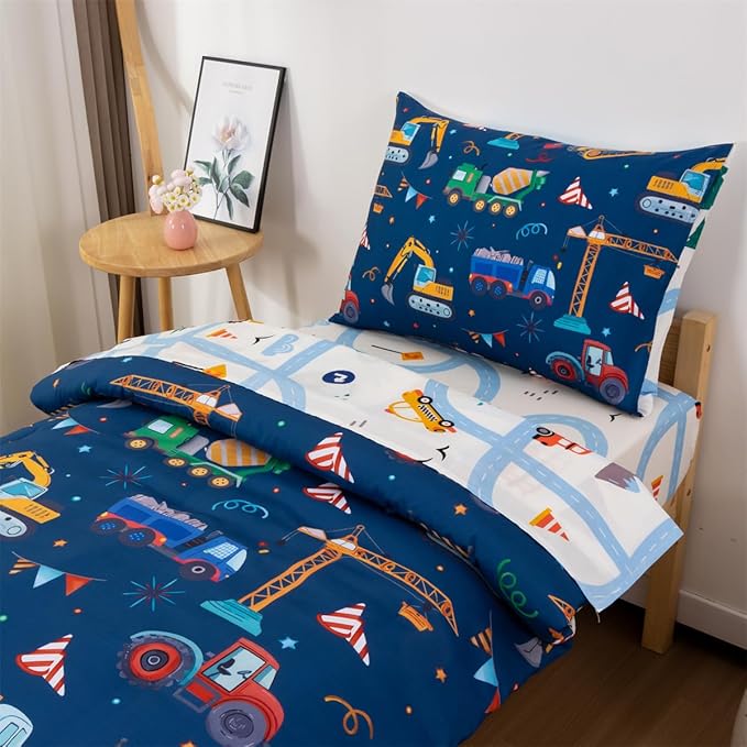 NTBED 4 Pieces Construction Truck Toddler Bedding Set for Baby Boys, Flags Vehicles Excavator Cars Printed, Includes Comforter, Flat Sheet, Fitted Sheet and Pillowcase,Navy