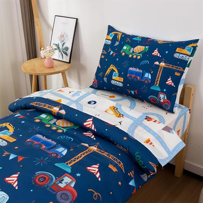 NTBED 4 Pieces Construction Truck Toddler Bedding Set for Baby Boys, Flags Vehicles Excavator Cars Printed, Includes Comforter, Flat Sheet, Fitted Sheet and Pillowcase,Navy