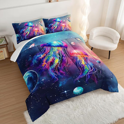 Glowing Jellyfish Comforter Set Queen Size,Galaxy Space Planet Rocket Print Comforter Set for Kids Teens Boys Girls Room Decor,Universe Sea Creatures Bedding with 2 Pillowcases.