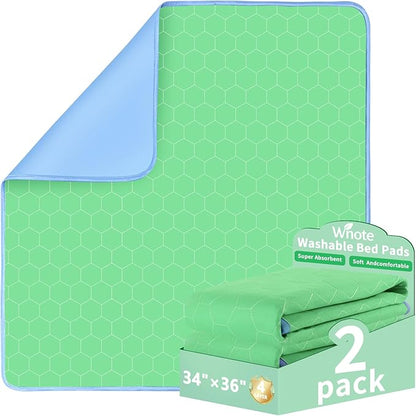 Waterproof Washable Underpads Pee Pad (Green 34" x 36" 2 Pack), Reusable Absorbency Bedwetting Incontinence Bed Pads for Kids Adults Elderly Dog Pet, Puppy Pads for Mattress Couches Sofas Floors