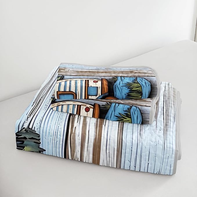 Camping Travel Trailer Bedding Twin Quilts for Bed,Retro Bedding for Kids Boys Girls Happy Camper Decor,Outdoor Camping Themed Quilt Sets with 2 Pillowcases.