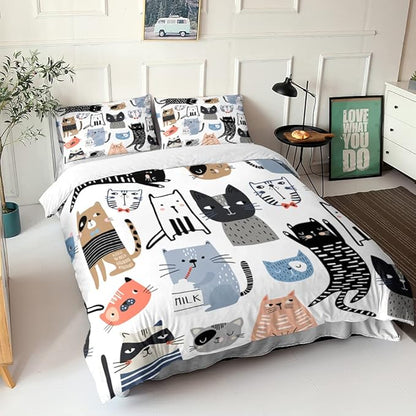 CVHOUSE Cat Duvet Cover Set, Cartoon Cat Comforter Set, Queen Size, 3 Piece Set (1 Quilt Cover, 2 Pillowcases)