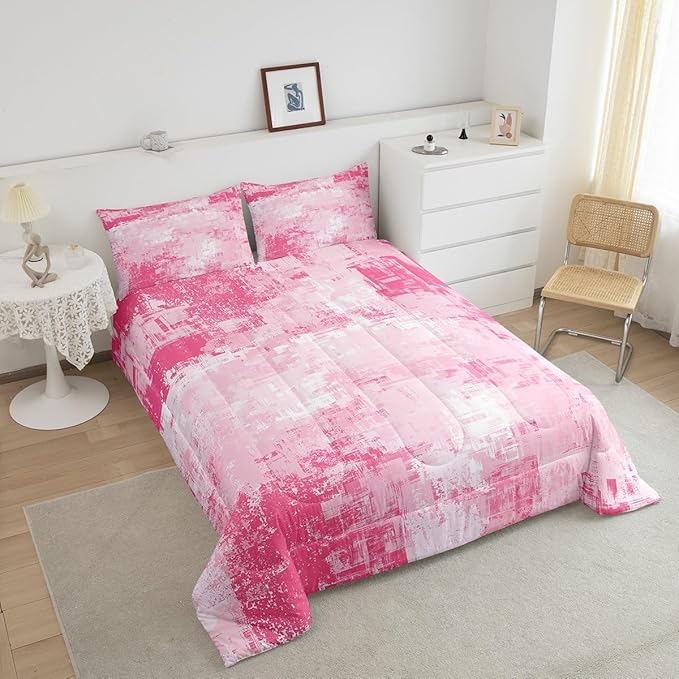 Feelyou Light Pink Abstract Duvet Quilt Geometric Bedding Set for Kids Boys Girls Teens Room Decor Modern Art Comforter Set King Size Buffalo Check 3Pcs Breathable Soft Lightweight Microfiber