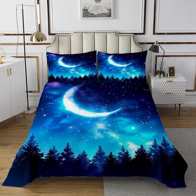 Erosebridal Galaxy Starry Sky Coverlet Set Boys, Natural Scenery Moon Quilted Queen Size, The Night Sky Bedding Set, Trees Bedspread for Kids Girls Teens Children Youth Teenager Child Juvenile