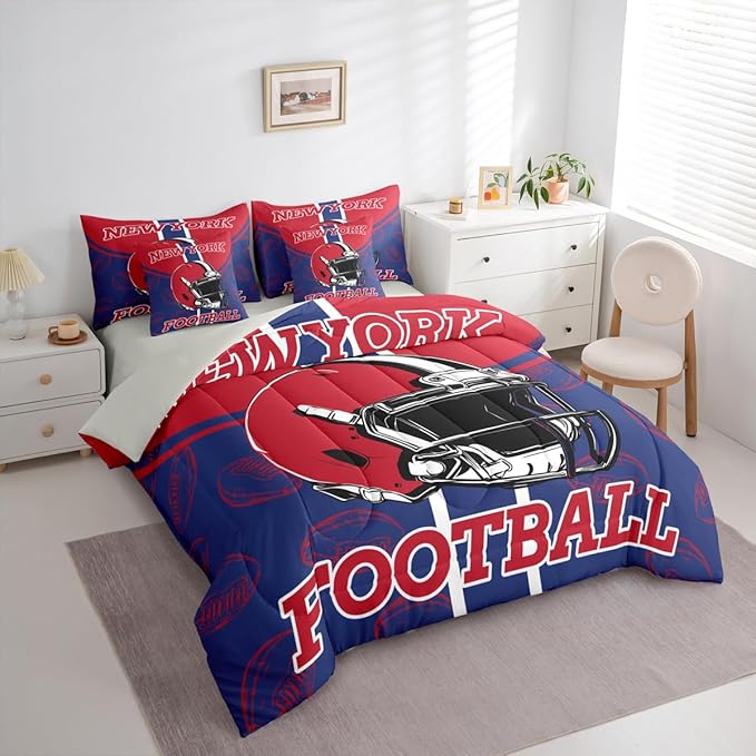Feelyou Football Comforter Set with Sheets 7 Piece Queen Size Ball Games Bed in a Bag Kids Boys Girls Rugby Bedding Set City of Footballs Bedroom Decor Rugby Sports