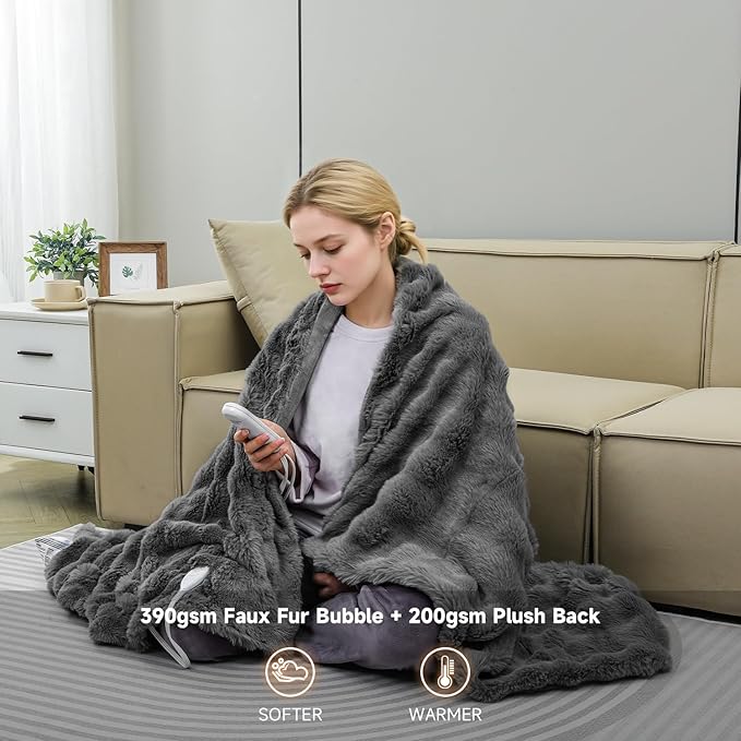 Heated Blanket Electric Twin- 62"x84" Soft Thick Bubble Electric Blanket for Sofa with 5 Heat Levels & 4 Hours Auto-Off Overheat Protection, Warm Cozy Gifts, Light Grey