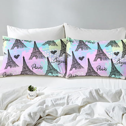 Eiffel Tower Comforter Set Queen, Rainbow Watercolor Tie Dye Bedding Romantic Graffiti City View Quilt for Room Decor, Black Sketch Paris Themed Duvet Insert, 2 Pillowcases