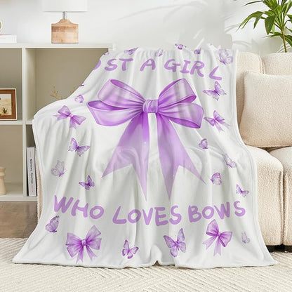 Bow Throw Blanket 60x50Inch Preppy Blanket Purple Bow Aesthetic Throw Blanket Coquette Flannel Soft Bow Plush Preppy Room Decor for Girls Women Birthday