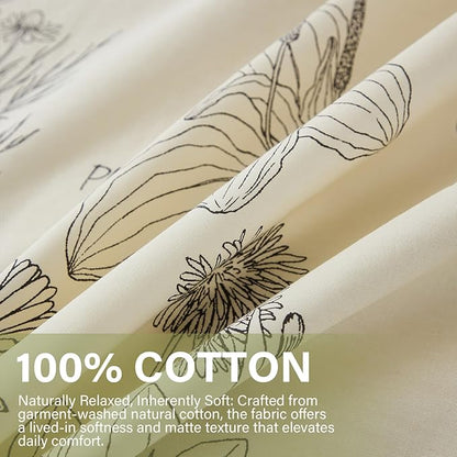 Cozeline 100% Cotton Duvet Cover Queen Size, Vintage Design with Luxrious Black Sketched Flowers & Leaves on Cream, 3 Pcs Breathable and Soft Duvet Cover for All Season