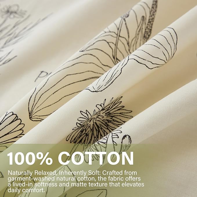 Cozeline 100% Cotton Duvet Cover King Size, Vintage Design with Luxrious Black Sketched Flowers & Leaves on Cream, 3 Pcs Breathable and Soft Duvet Cover for All Season