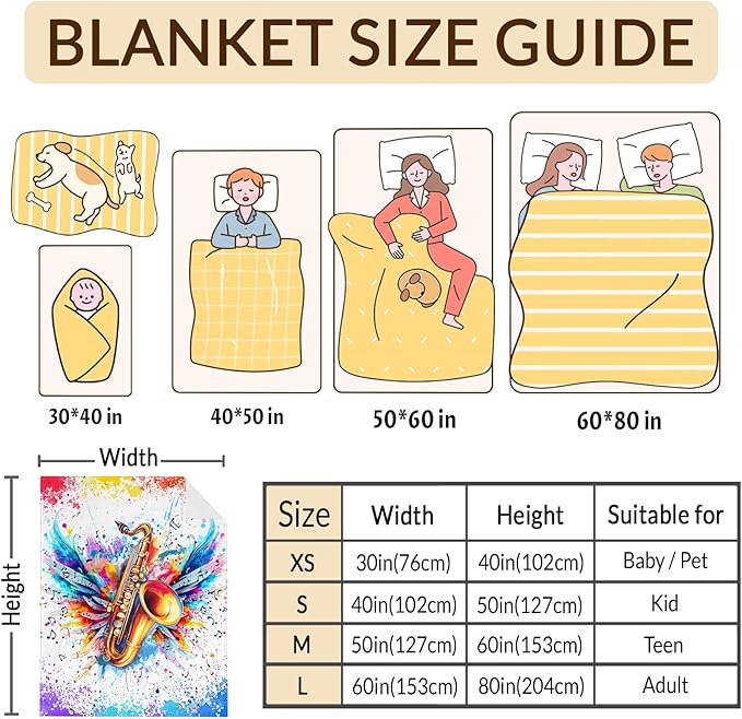 Music Saxophone Blanket for Kids Teens Adults, Music Note Throw Blanket Gifts for Music Lovers Boys Girls, 50x60 Inches Soft Flannel Blanket Music Decor for Bed Couch Sofa Home