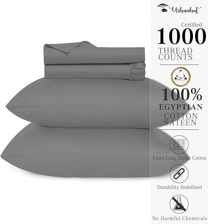 URBANHUT 100% Egyptian Cotton Sheets - 1000 Thread Count Full Size Sheet Set (4Pc), Long Staple Cotton Bedding Sheets, All Season Sateen Weave, Luxury Hotel Bedsheets,16" Deep Pocket - Dark Grey