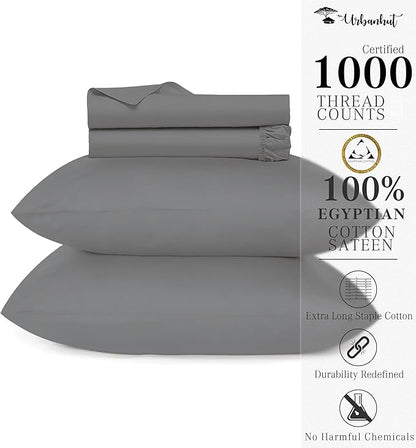 URBANHUT 100% Egyptian Cotton Sheets - 1000 Thread Count Full Size Sheet Set (4Pc), Long Staple Cotton Bedding Sheets, All Season Sateen Weave, Luxury Hotel Bedsheets,16" Deep Pocket - Dark Grey
