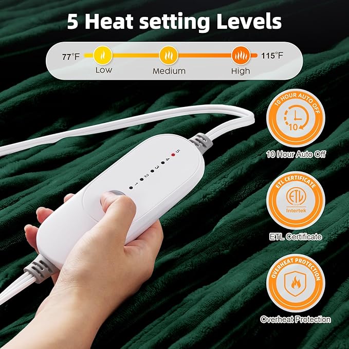 HYLEORY Heated Blanket Electric Queen, Soft Flannel Sherpa Heater 5 Heat Settings and 10 Hours Auto Shut-Off Heating Blanket ETL Certification Over-Heat Protection Machine Washable,Green