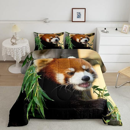 Feelyou Red Panda Bedding Set Cute Animal Comforter for Kids Boys Girls Teens Red Panda Leaves Print Comforter Set Nature Quilt Collection 3Pcs King Size Boys