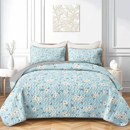 QOOMO Daisy Quilt Set King Size,Rainbow Bedspread Coverlet Set,Floral 3Pcs Bedding Set Printed Quilt with 2 Pillowcases,Soft and Lightweight,for All Seasons