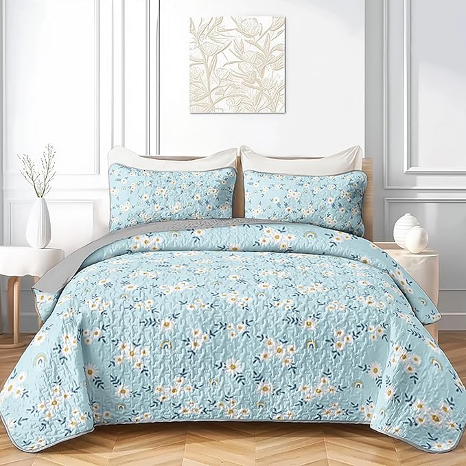 QOOMO Daisy Quilt Set Twin Size,Rainbow Bedspread Coverlet Set,Floral 3Pcs Bedding Set Printed Quilt with 2 Pillowcases,Soft and Lightweight,for All Seasons