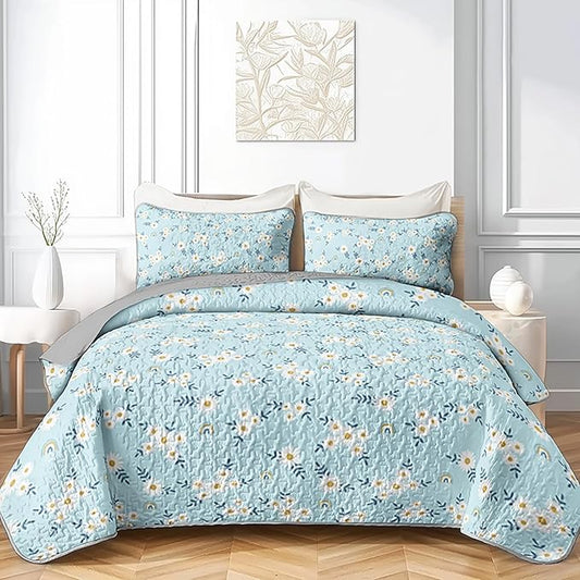 QOOMO Daisy Quilt Set Twin Size,Rainbow Bedspread Coverlet Set,Floral 3Pcs Bedding Set Printed Quilt with 2 Pillowcases,Soft and Lightweight,for All Seasons