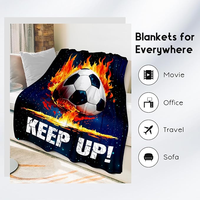 Soccer Blanket Gifts for Kids - Soccer Gift for Boys 8-12, Sports Throw Blankets for Team Player Adults Men - Soft Plush Girls Throws for Bed Living Room (Blue, 60x80 Inch)
