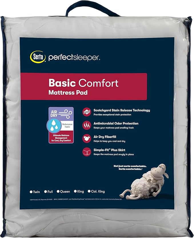 Serta Air Dry Basic Comfort Performance Fabric Quilted Mattress Pad, Cooling and Breathable Mattress Cover, Moisture Wicking Protection with 15" Deep Pocket, Full, White
