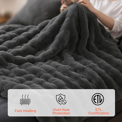 Electric Heated Blanket Throw 50"x60" Grey Ultra Soft Luxury Fluffy Faux Rabbit Fur Machine Washable 6 Heat Settings 4 Hours Auto Off Overheat Protection for Home Office Use