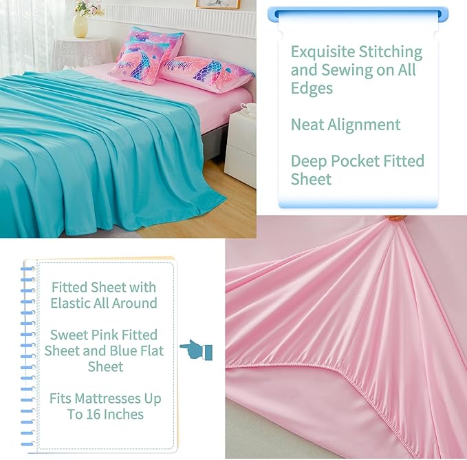 RYNGHIPY Mermaid Kids Girls Comforter Set Queen Size Pink Blue Gradient Fish Tail Bed in a Bag - Includes Comforter & Sheet Set for Teens Girls Super Soft Kids Bedding