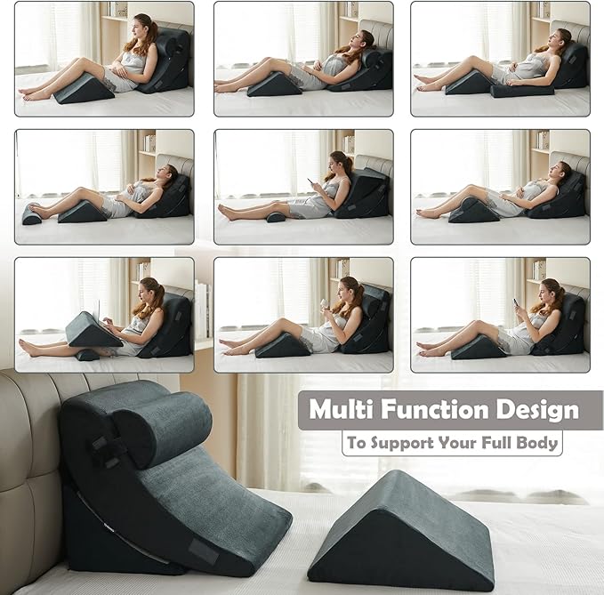 Ganaver 4Pcs Wedge Pillow for Sleeping, Orthopedic Bed Wedge Pillows for After Surgery, Foam Triangle Sit Up Pillow Wedge for Back, Neck, Shoulder Support, Leg Elevation, Acid Reflux, Gerd, Snoring