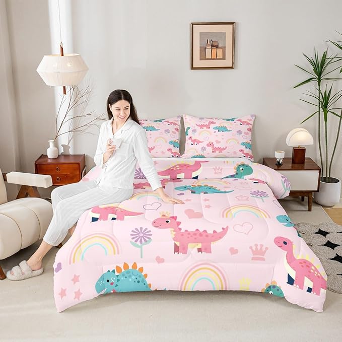 Castle Fairy Lovely Dino Kids Comforter Set Queen Size,Cute Rainbow Floral Love Heart Reversible Bedding Set for Girls Bedroom Decor Pink Blue Dinosaur Kawaii Animal Quilted Duvet,2 Pillowcases