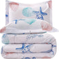 JSD Beach Theme Kids Comforter Set Full Size, 3 Piece Jellyfish Starfish Shell Printed Comforter with Pillow Shams, Lightweight All Season Washable